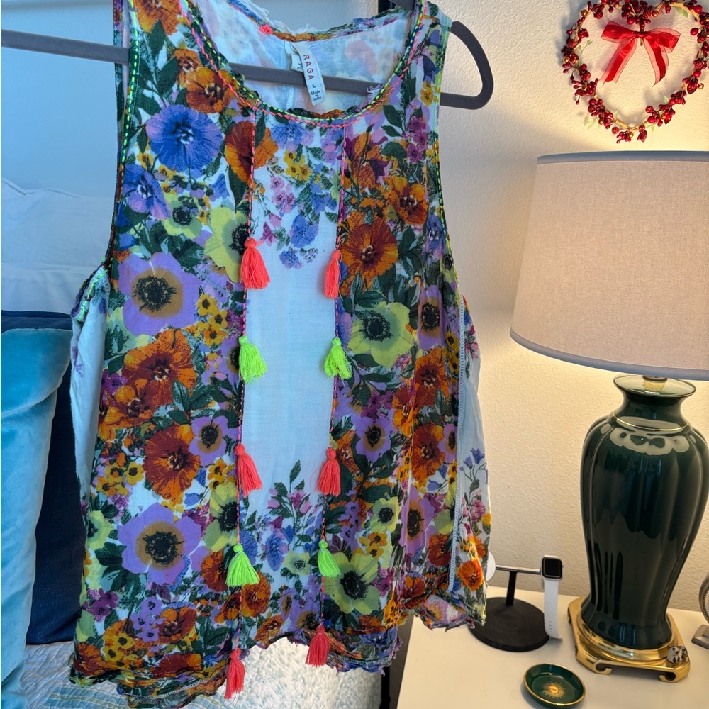 RAGA Floral Sleeveless Top with Tassels and Multicolor Design